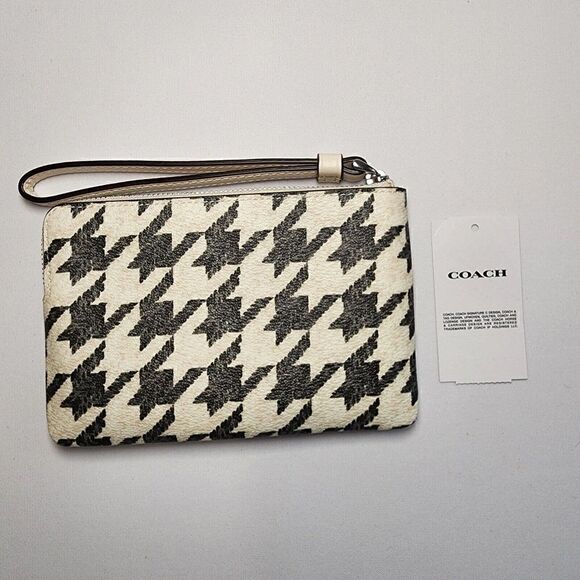 NWT Coach CK431 Corner Zip Wristlet with Houndstooth Print Cream/Black - Picture 2 of 3